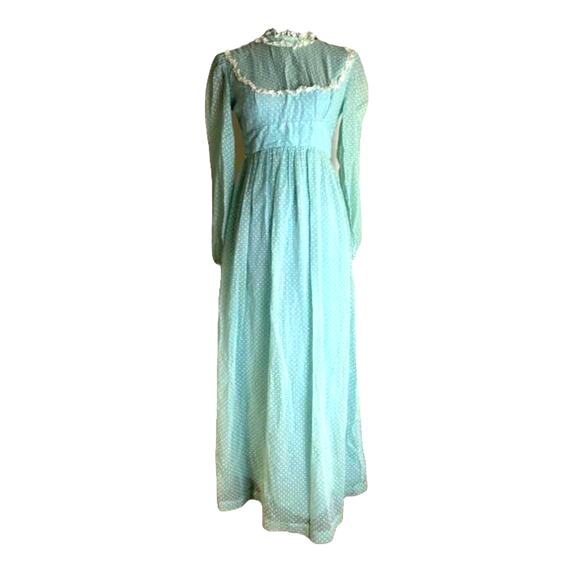 Vintage 60s 70s Prairie Style Maxi Dress Lace High Collar Belted Cottagecore XS - Picture 1 of 12
